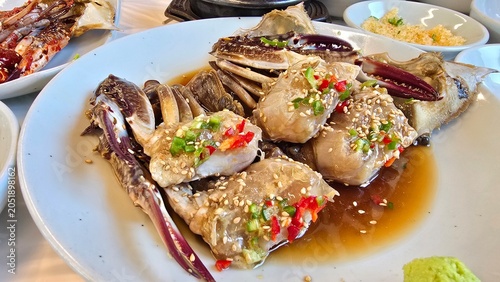 Marinated crab with vegetables