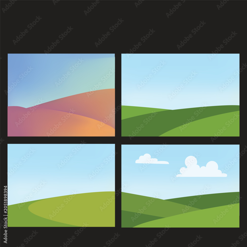 Fototapeta premium Minimalist Landscape Background Set, Cartoon Green Hills and Desert Dunes under Blue Sky Vector Illustration