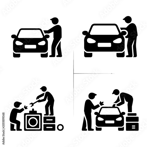Pictograms showing car maintenance and auto repair services