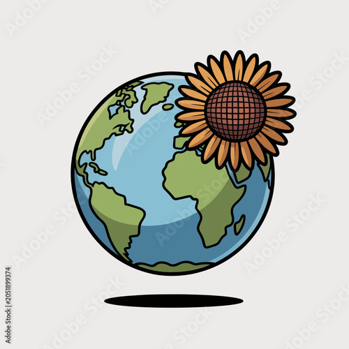 A cartoon illustration of planet earth with a sunflower