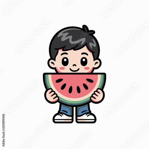Cute cartoon boy holding a big slice of watermelon