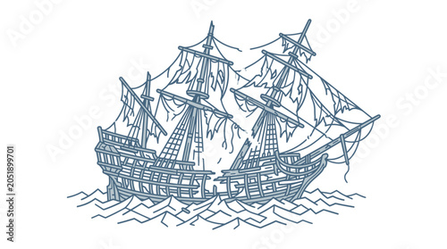Obraz na plátne Vintage Sailing Ship Illustration on Water.