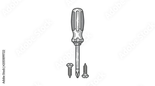 Konstfotografi Vintage Screwdriver and Two Screws Illustration.