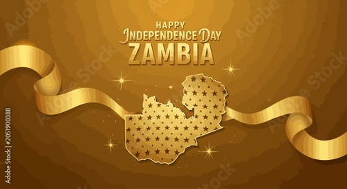 Tableau sur toile Zambia Independence Day golden background with map and ribbon