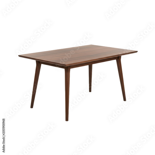 A dark brown polished wood mid-century modern dining table with elegant tapered legs, isolated on a transparent studio backdrop, professional product photography concept