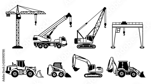 Foto Construction Heavy Machinery Vector Icons: Cranes, Excavators, Loaders