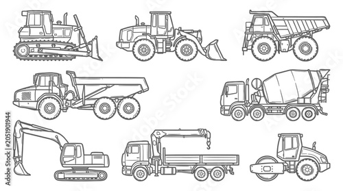 фотографія Construction Vehicles Line Art Collection: Bulldozer, Loader, Dump Truck, Excava