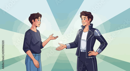 Two Young Men Talking and Interacting in Cartoon Style Illustration