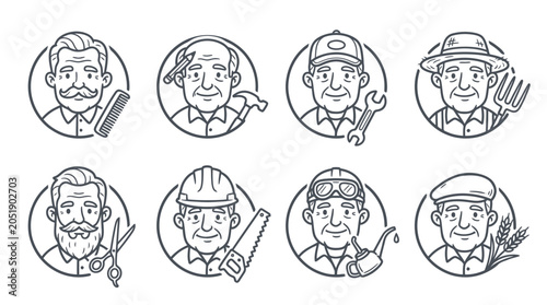 Foto Diverse professions icons: barber, carpenter, mechanic, farmer, builder, industr