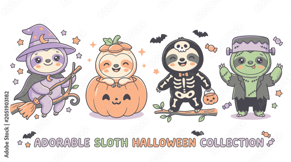 Obraz premium Cute Sloth Halloween Characters Collection.