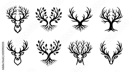 Cuadro en lienzo Deer Antlers and Tree Branches Combination Vector Icons - Nature and Wildlife Sy