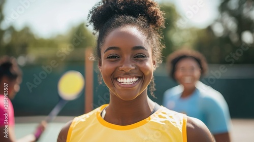 Smiling woman on outdoor tennis court with activity, athletic