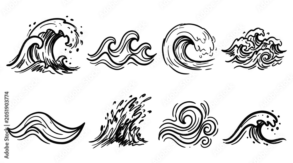 Fototapeta premium Hand Drawn Ocean Wave Illustrations Set, Black and White Sketch Style