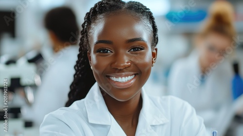 Female scientist smiling in laboratory research setting