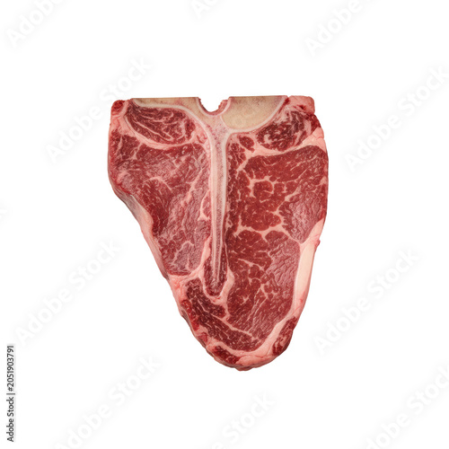A thick, raw red beef t-bone steak with rich marbling, presented in a flat lay on a seamless transparent surface with controlled studio lighting, perfect butchery product display concept