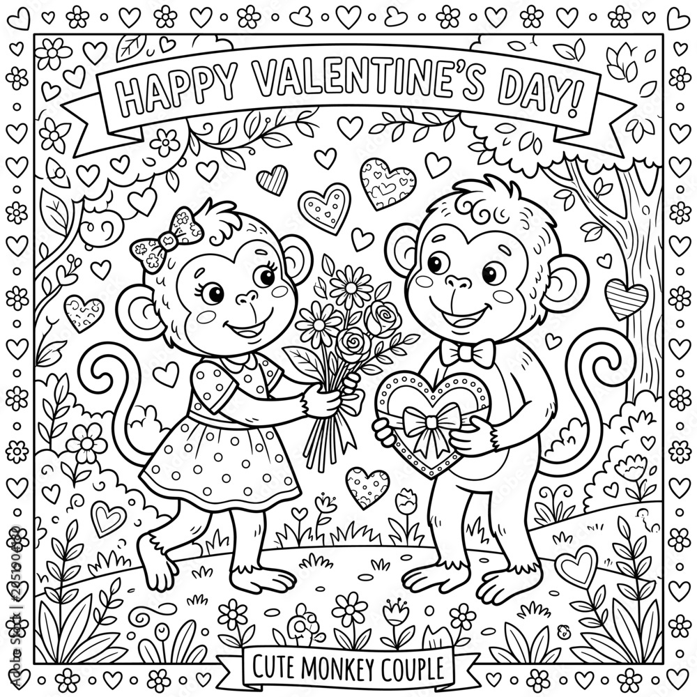 Fototapeta premium Cute Monkey Couple Valentine Day Coloring Page