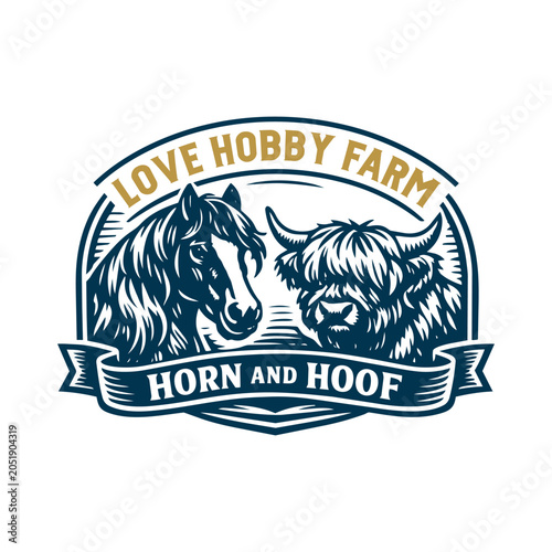 Love Hobby Farm Horse and Highland Cow Countryside Heritage Logo Illustration