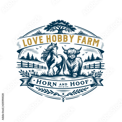 Love Hobby Farm Horse and Highland Cow Countryside Heritage Logo Illustration