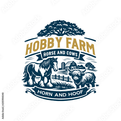 Hobby Farm Horse and Highland Cow Rural Ranch Vintage Crest Logo Illustration