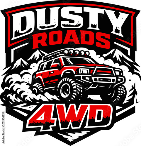 Dusty Road 4WD Off Road Adventure Badge Logo with Mountain Landscape Vintage Vector Emblem