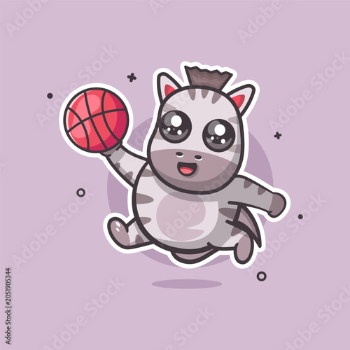 happy zebra animal character mascot playing basketball isolated cartoon