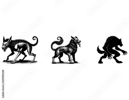 Three black and white illustrations of mythical canine creatures, including a demon dog, a stylized beast, and a bipedal werewolf.