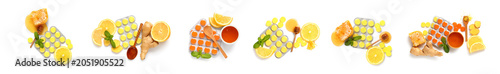 Valokuva Cold and flu remedy ingredients with honey, lemon, ginger, and mint on white bac