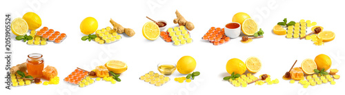 фотографія Natural cold remedy ingredients with lemon, ginger, honey, and cough drops for i
