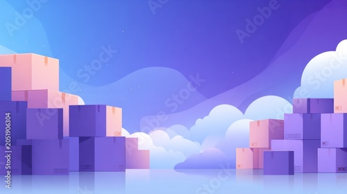 Abstract illustration of stacked boxes against a stylized cloudy sky backdrop
