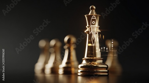 Golden chess piece with rocket illustration representing strategy and success