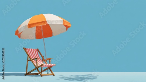 Beach scene with chair and umbrella against a blue background vacation concept