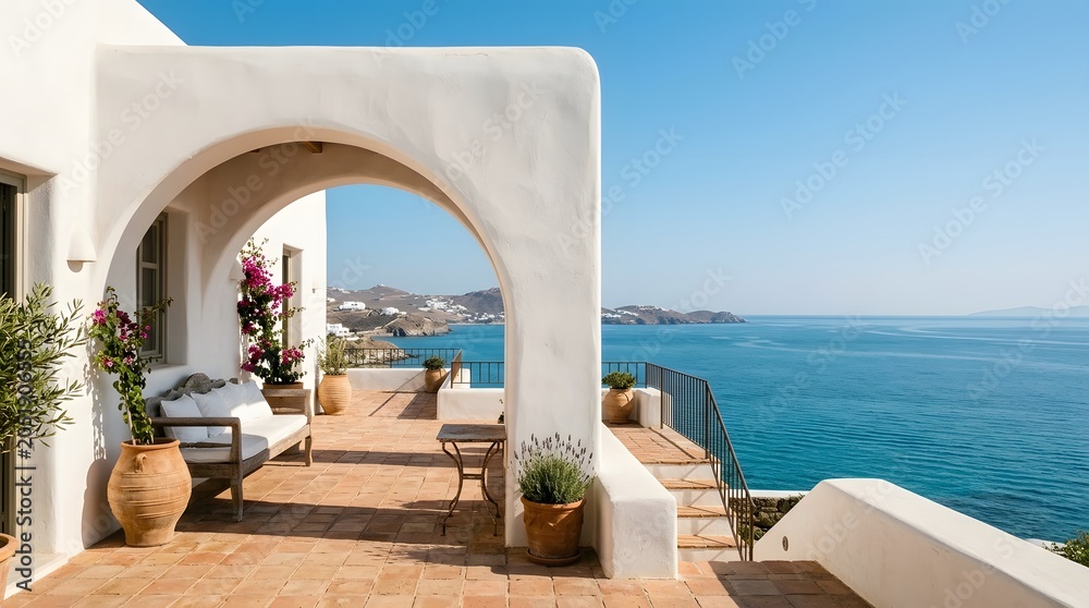 Fototapeta premium Beautiful Mediterranean terrace with white arch and patio overlooking blue sea in Mykonos Greece