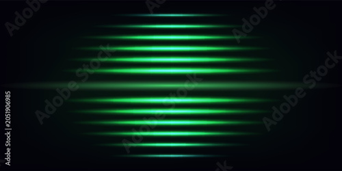 Neon green horizontal speed lines. Laser lines of light. Horizontal neon light. Glowing stripes. Laser beams. light lines of movement and speed in neon color. A beautiful flash of light and sparks.
