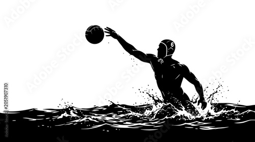 Foto Water polo player reaching for ball in splashing water, silhouette