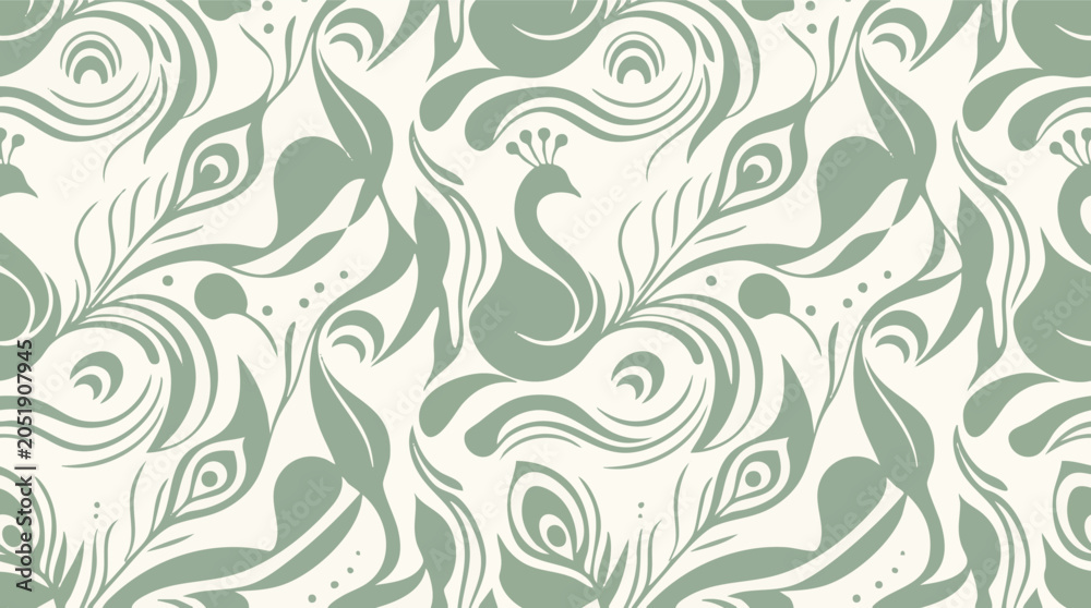 Fototapeta premium Elegant seamless vector pattern with graceful peacock and feather motifs, perfect for decorative backgrounds
