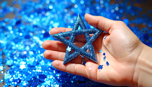 Close-up of a hand holding a sparkling blue star ornament surrounded by glitter.