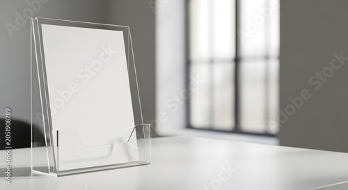 Clear acrylic display stand with blank white paper on a modern office desk, ready for your custom message or advertisement.