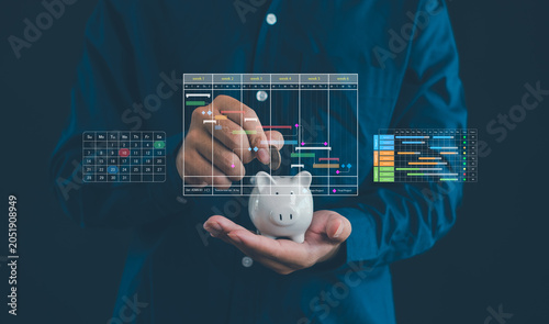 Bild auf Leinwand Financial planning and project management concept featuring a piggy bank with scheduling charts, timeline tracking, budget allocation, resource planning, and investment strategy optimization