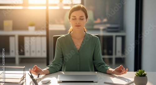 Calm businesswoman meditating with closed eyes at office desk perfect for professional workplace mental health