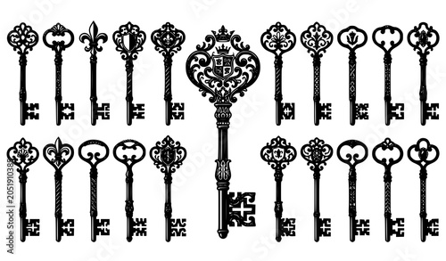 Bild auf Leinwand Decorative antique skeleton key vector set with elegant vintage ornament details