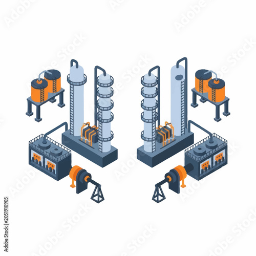 Industrial oil refinery equipment isometric illustration.