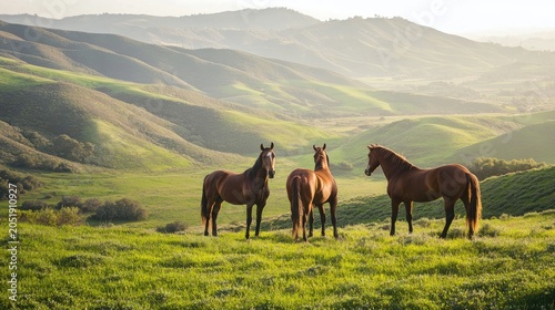 Three horses standing in a lush green valley meadow during golden hour sunset