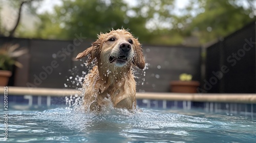 Golden retriever dog jumping into backyard swimming pool making water splash