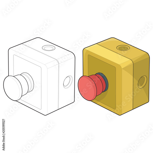Canvastavla Isometric mushroom emergency stop button wireframe and colored filled outline ve