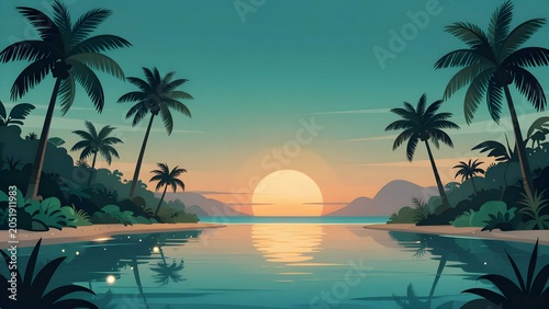 Tropical palm silhouette lagoon glowing softly with vibrant sunset ocean reflections background