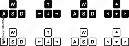 Keyboard Directional Graphic Graphics: Gamer, Control, and PC Input Symbols. Desktop Hardware Badges for Navigation, Play Movement, and Multimedia Control. WASD Gaming Key Icons & Arrow Button black. 