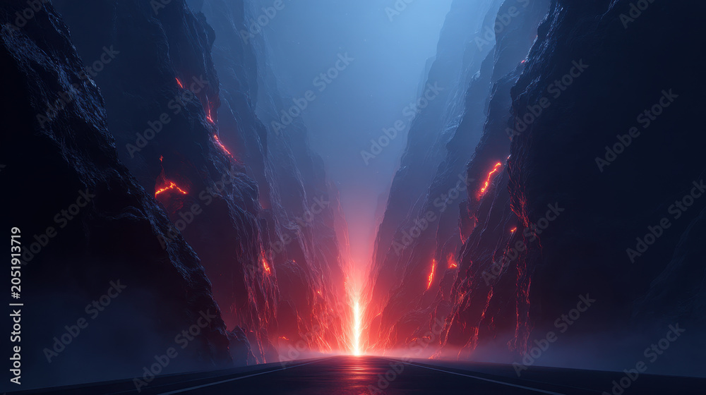 Fototapeta premium Mystic canyon road with glowing lava cracks and blue fog at night, dramatic digital landscape in futuristic style