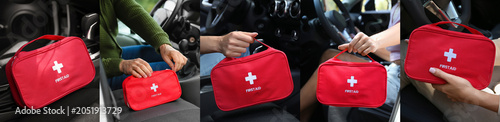 Foto Red first aid kit in car interior for emergency preparedness and road safety, me