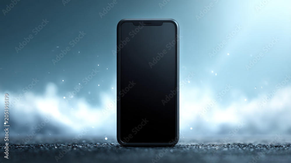 Fototapeta premium Black smartphone on textured surface with blue light and mist, isolated front view of modern mobile device