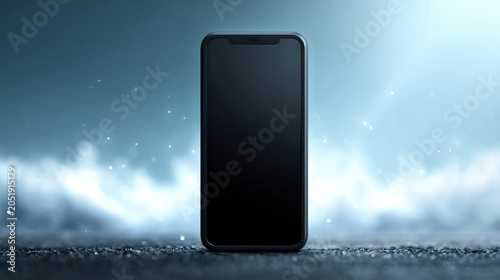 Black smartphone on textured surface with blue light and mist  isolated front view of modern mobile device